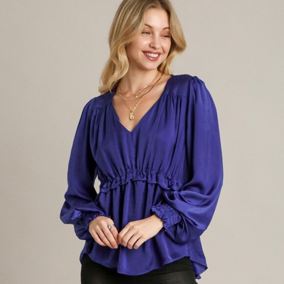 Tops - NWT Satin V-Neck Ruffle Baby Doll Top, Cuffed Sleeves, "Sapphire" Color, Elegant